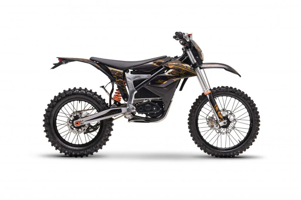 Starland F29 electric dirt bike in black with bronze accents – right side on white background