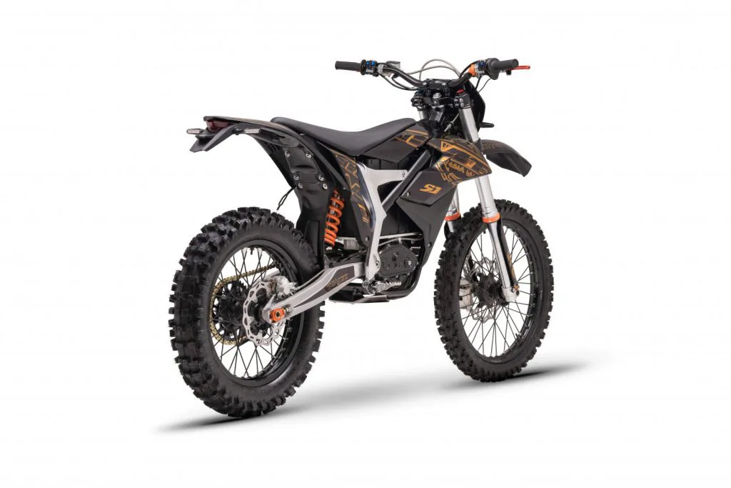 Starland F29 electric dirt bike in black with bronze accents – right side on white background