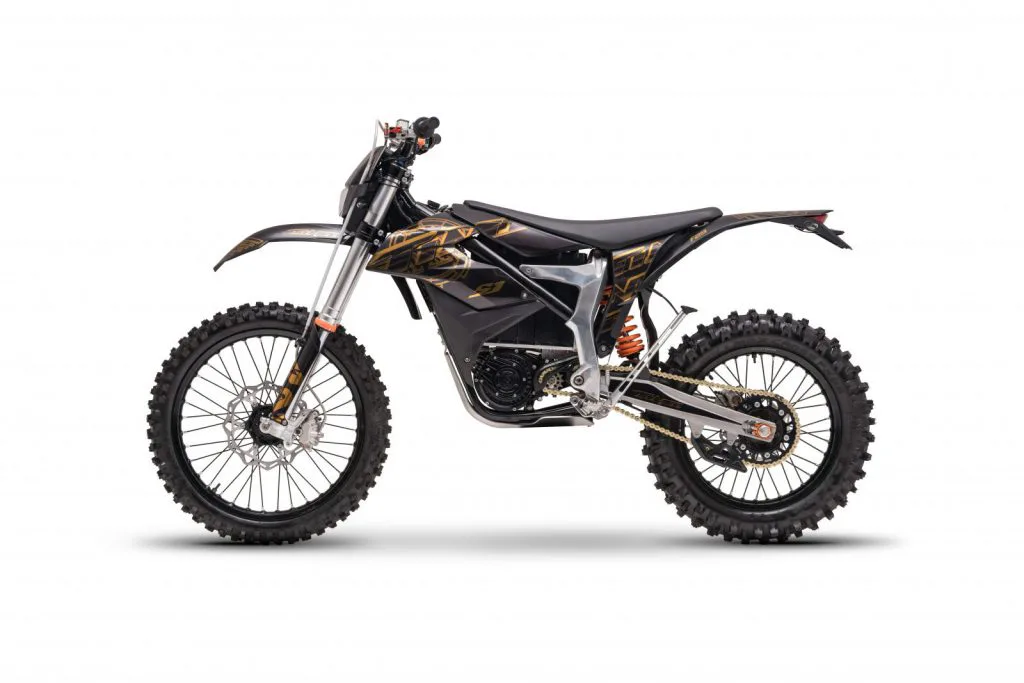 Starland F29 electric dirt bike in black with bronze accents – left side on white background
