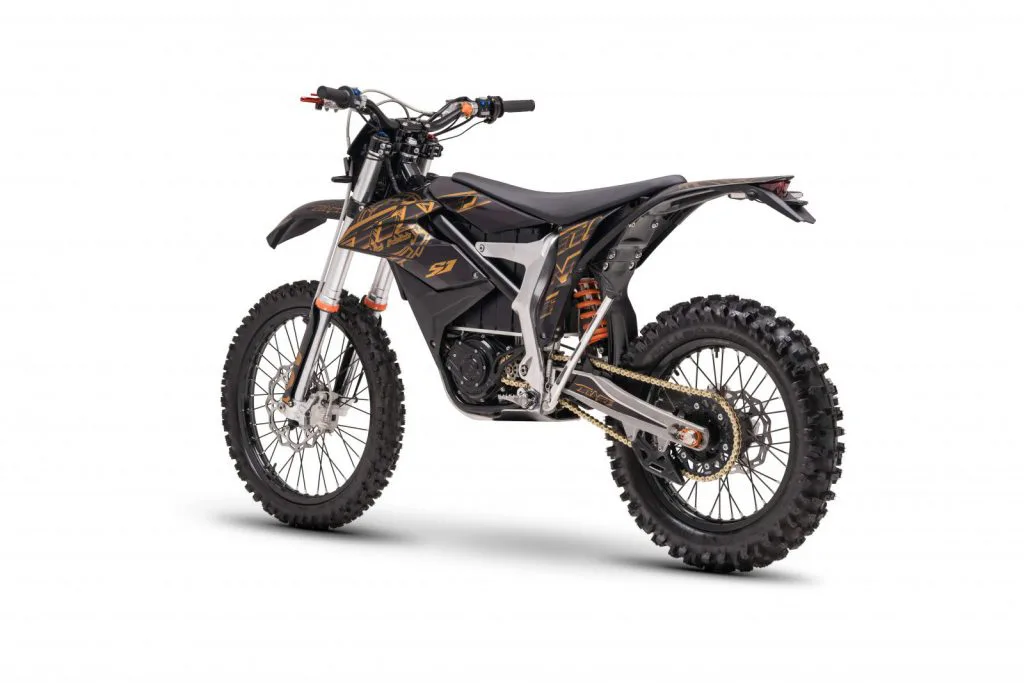 Starland F29 electric dirt bike in black with bronze accents – left side on white background