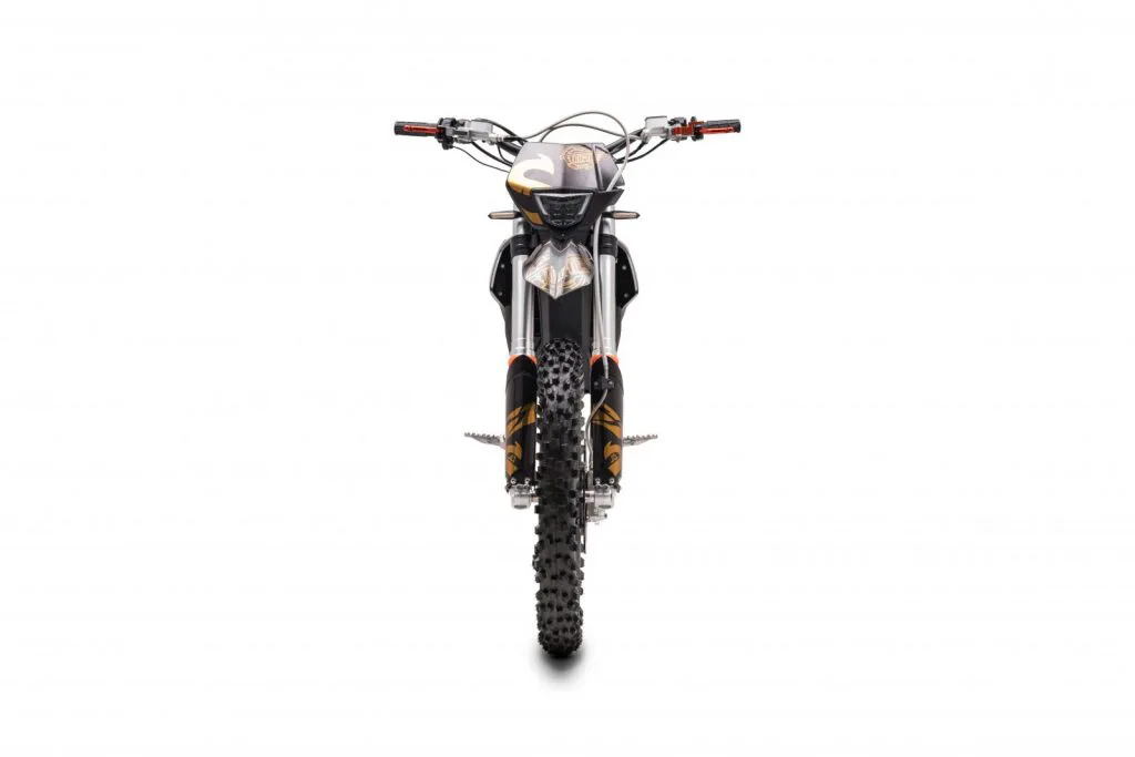 Starland F29 electric dirt bike in black with bronze accents – front view on white background