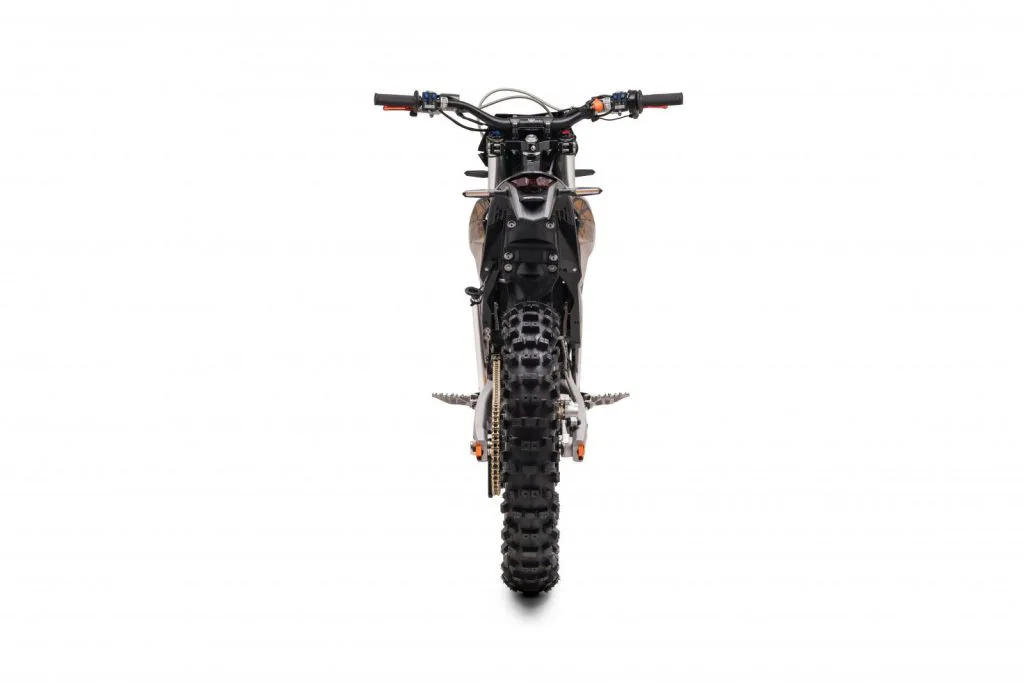 Starland F29 electric dirt bike in black with bronze accents – rear view on white background