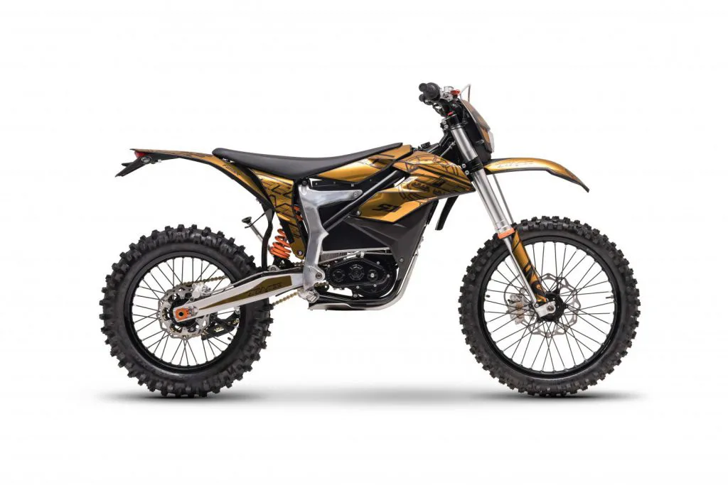 Starland F29 electric dirt bike in gold and black – right side on white background