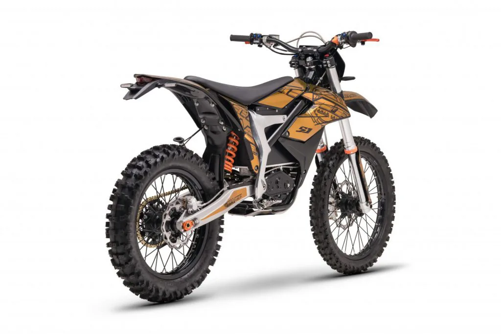 Starland F29 electric dirt bike in gold and black – right side on white background