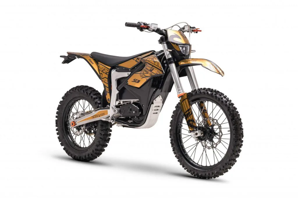 Starland F29 electric dirt bike in gold and black – right side on white background