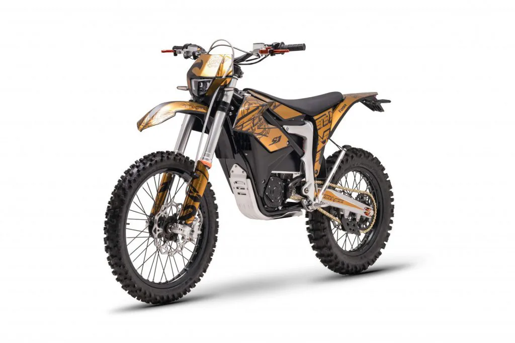 Starland F29 electric dirt bike in gold and black – left side on white background