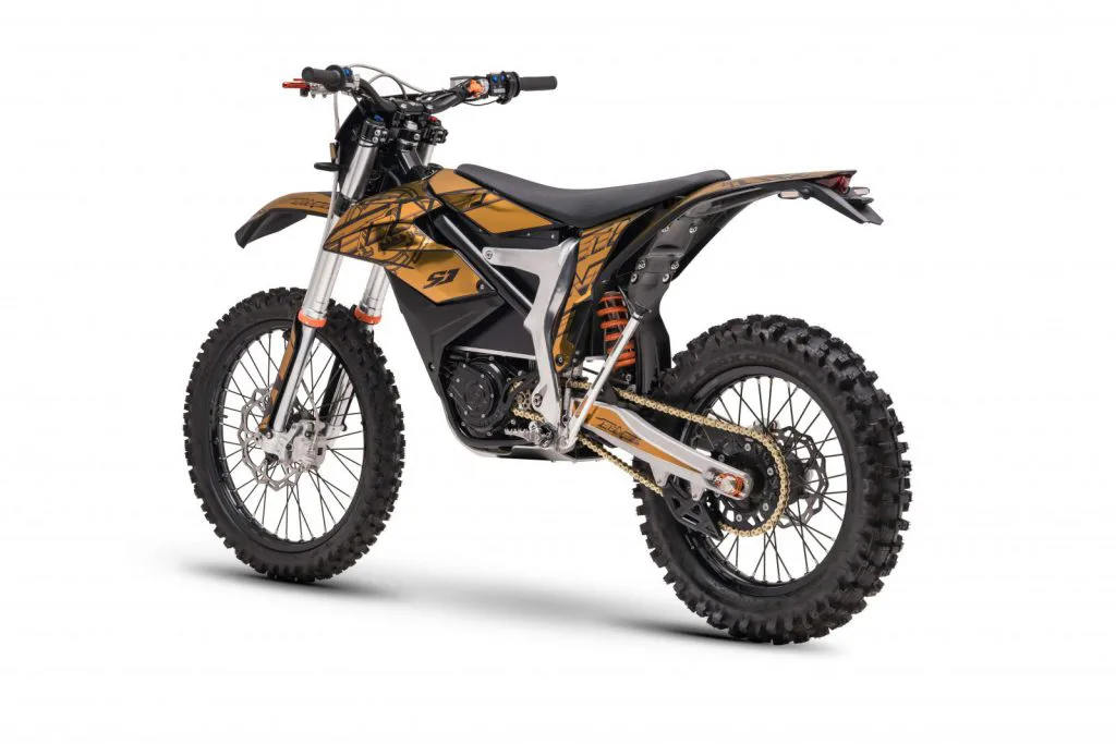 Starland F29 electric dirt bike in gold and black – left side on white background