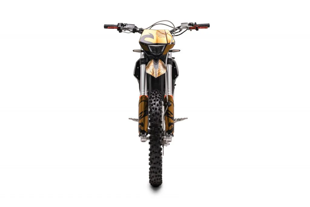 Starland F29 electric dirt bike in gold and black – front view on white background