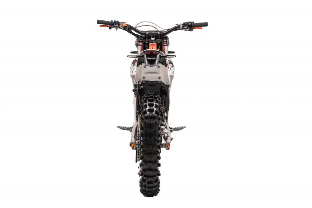 Starland F29 electric dirt bike in gold and black – rear view on white background