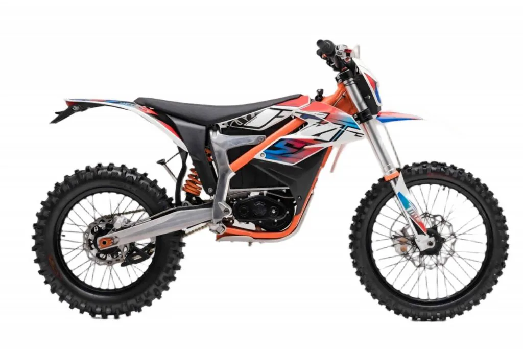 Starland F29 electric dirt bike in orange and white – right side on white background