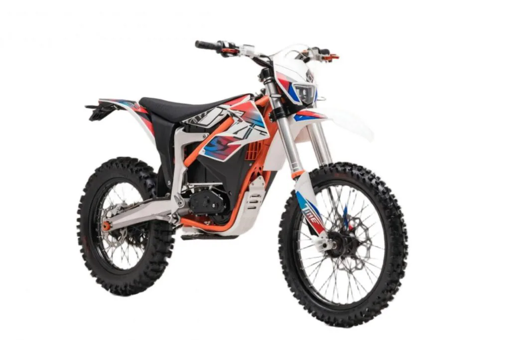 Starland F29 electric dirt bike in orange and white – right side on white background