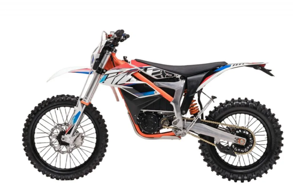 Starland F29 electric dirt bike in orange and white – left side on white background