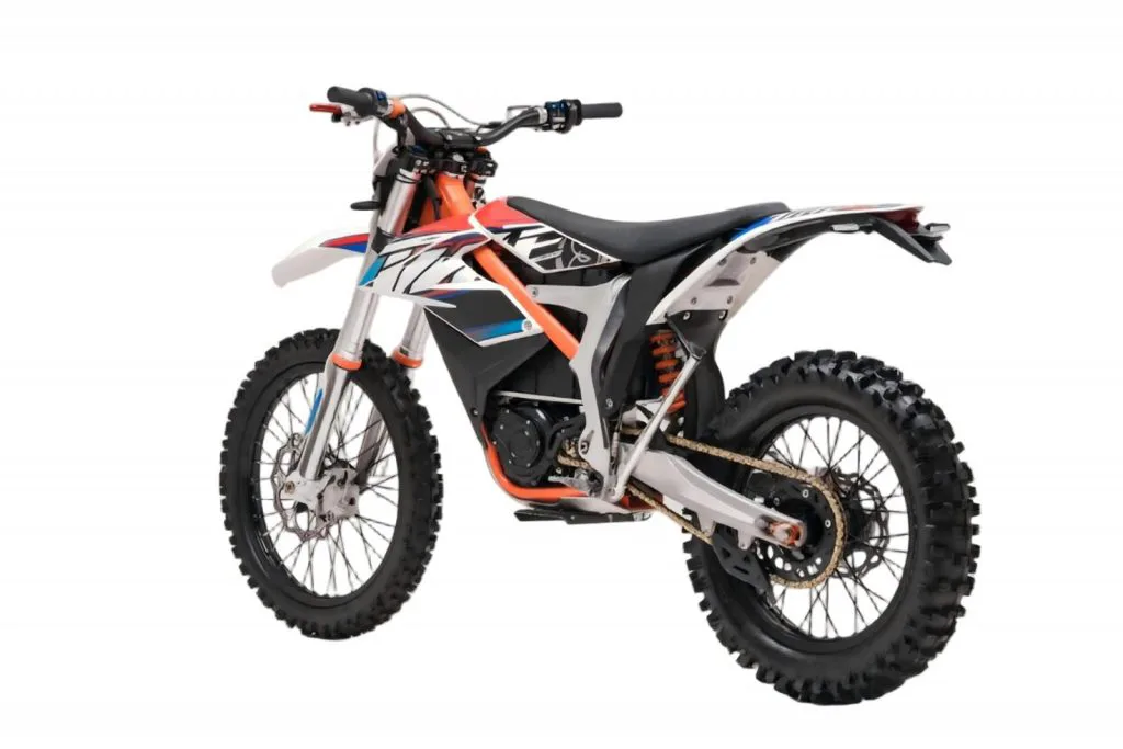 Starland F29 electric dirt bike in orange and white – left side on white background
