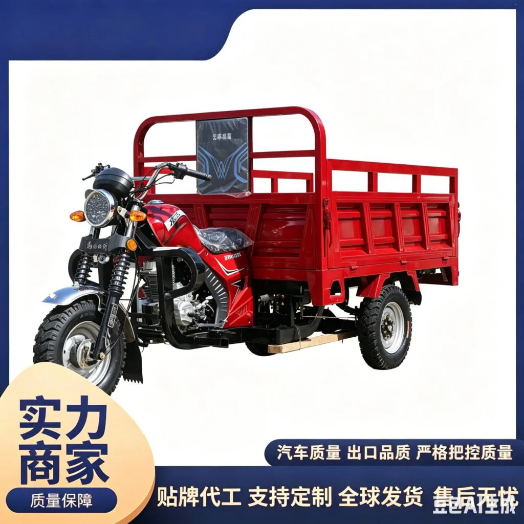 Fuel cargo tricycle with dump bed – full view on white background