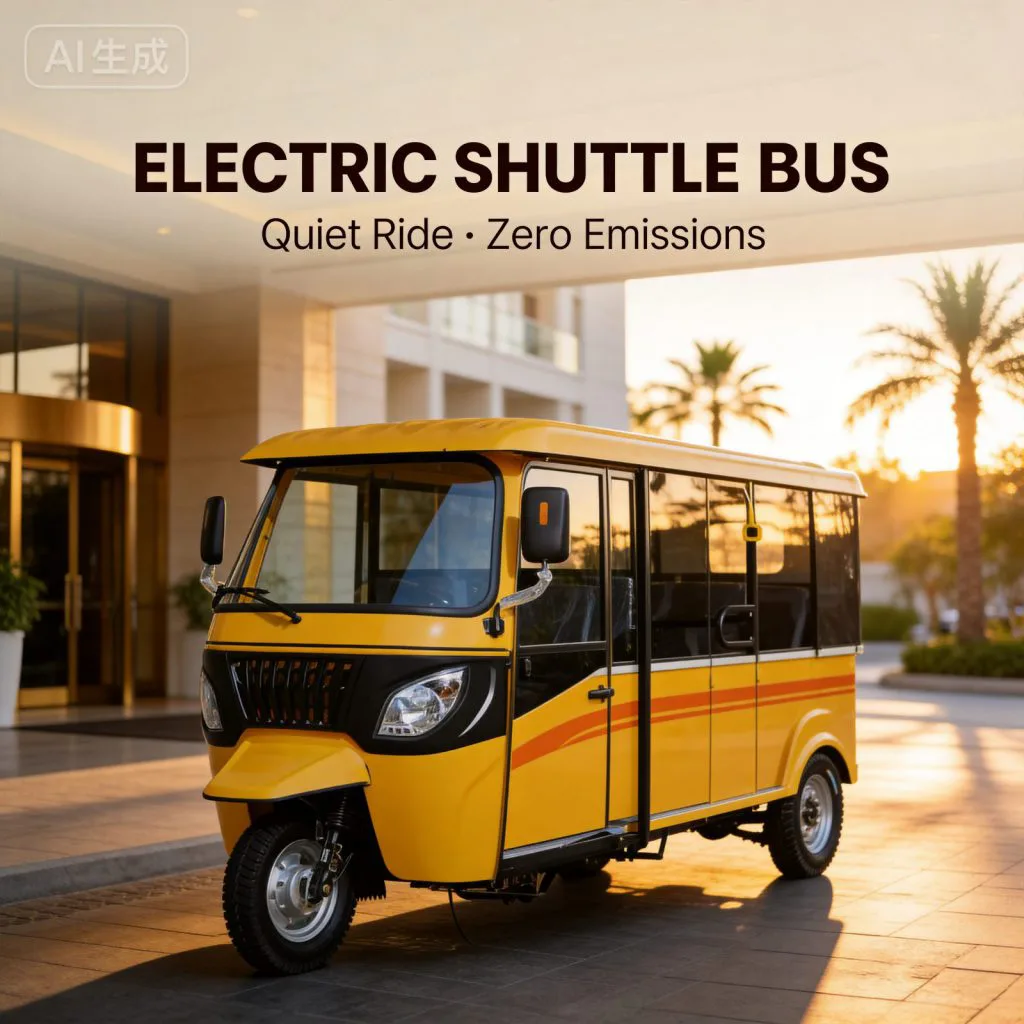 Three-row electric tuk tuk running as an electric shuttle bus