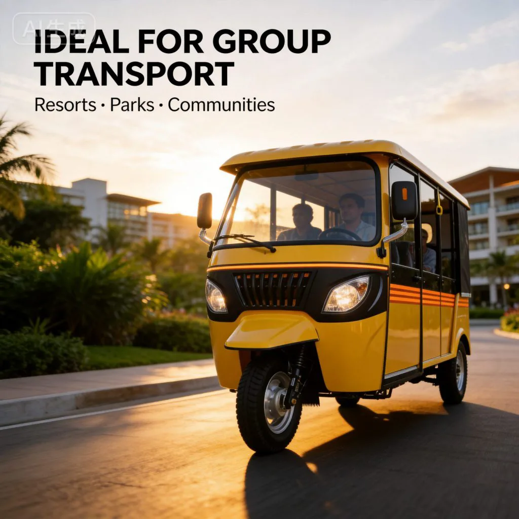 Three-row electric tuk tuk carrying passengers in a resort area