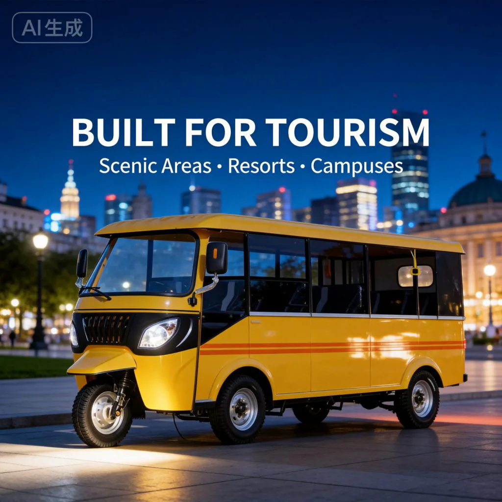 Three-row electric tuk tuk built for tourism and campus transport