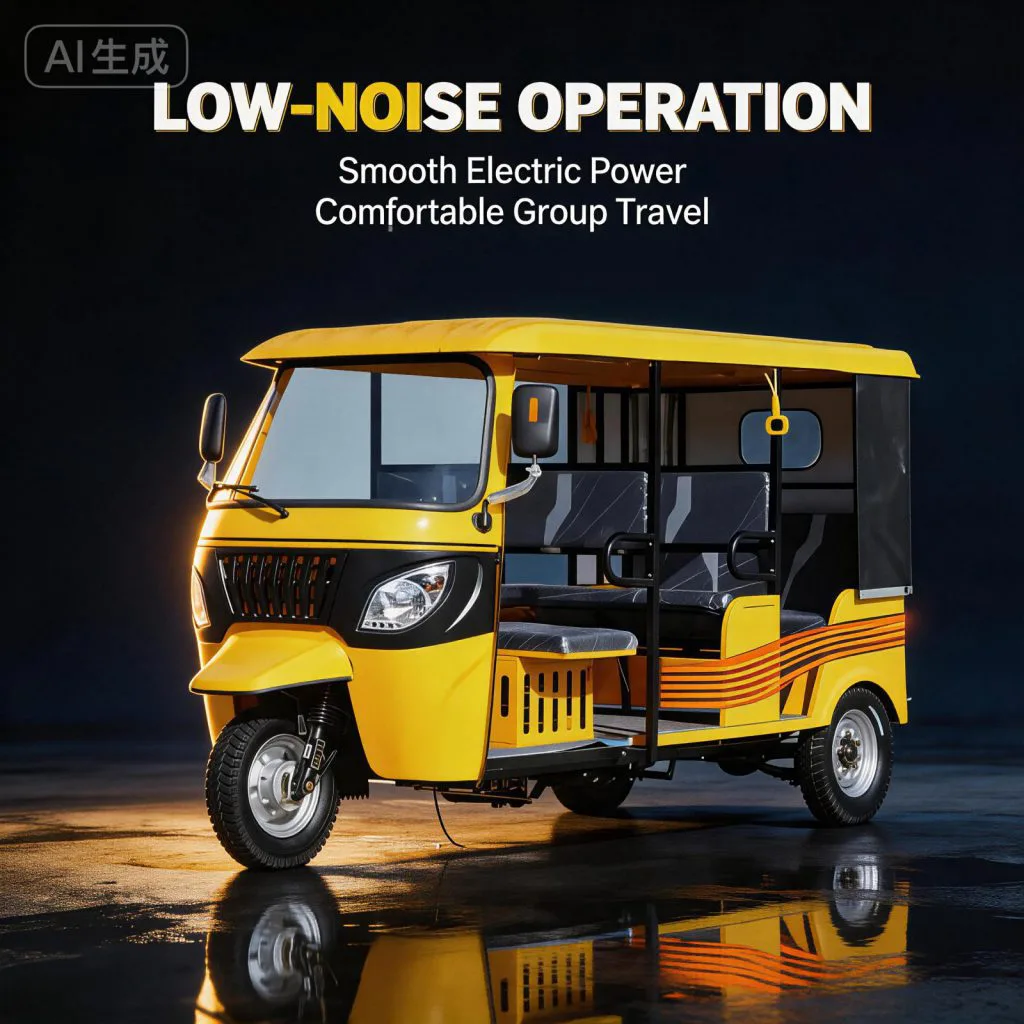 Three-row electric tuk tuk with smooth, low-noise electric drive